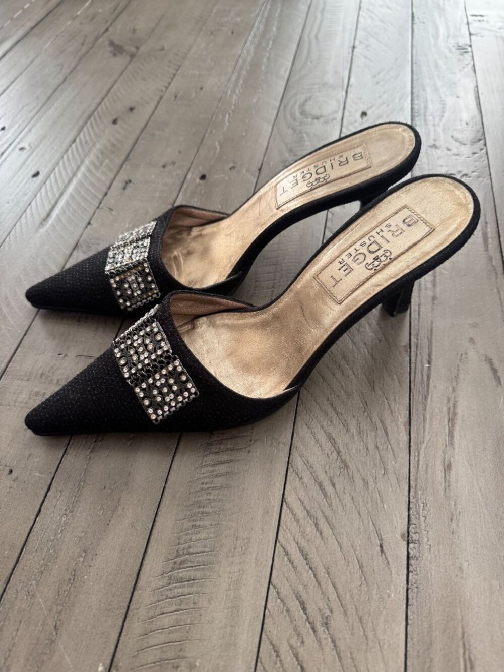 Bridget Shuster Vintage Embellished Pointed Toe Heeled Mules Black Size 8